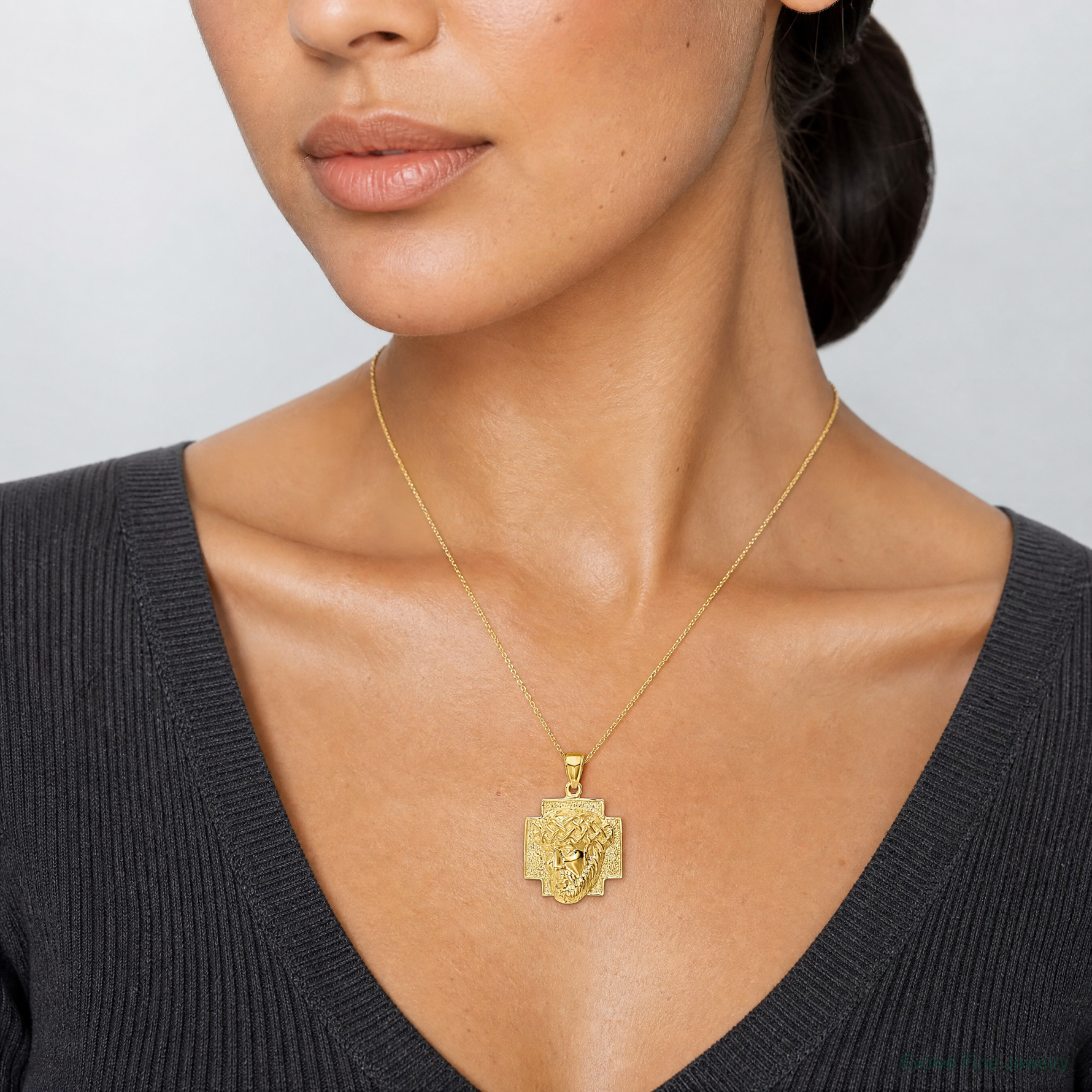 14K Gold Polished Large Jesus Head With Crown Pendant - Model Shot