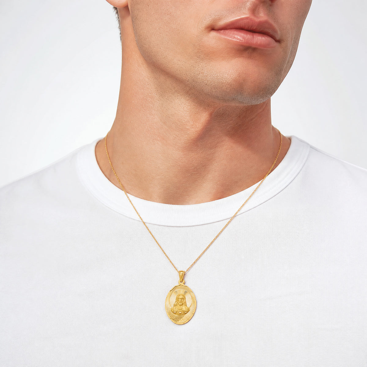 14K Polished D/C Sagrado Corazon Oval Pendant - Model Shot