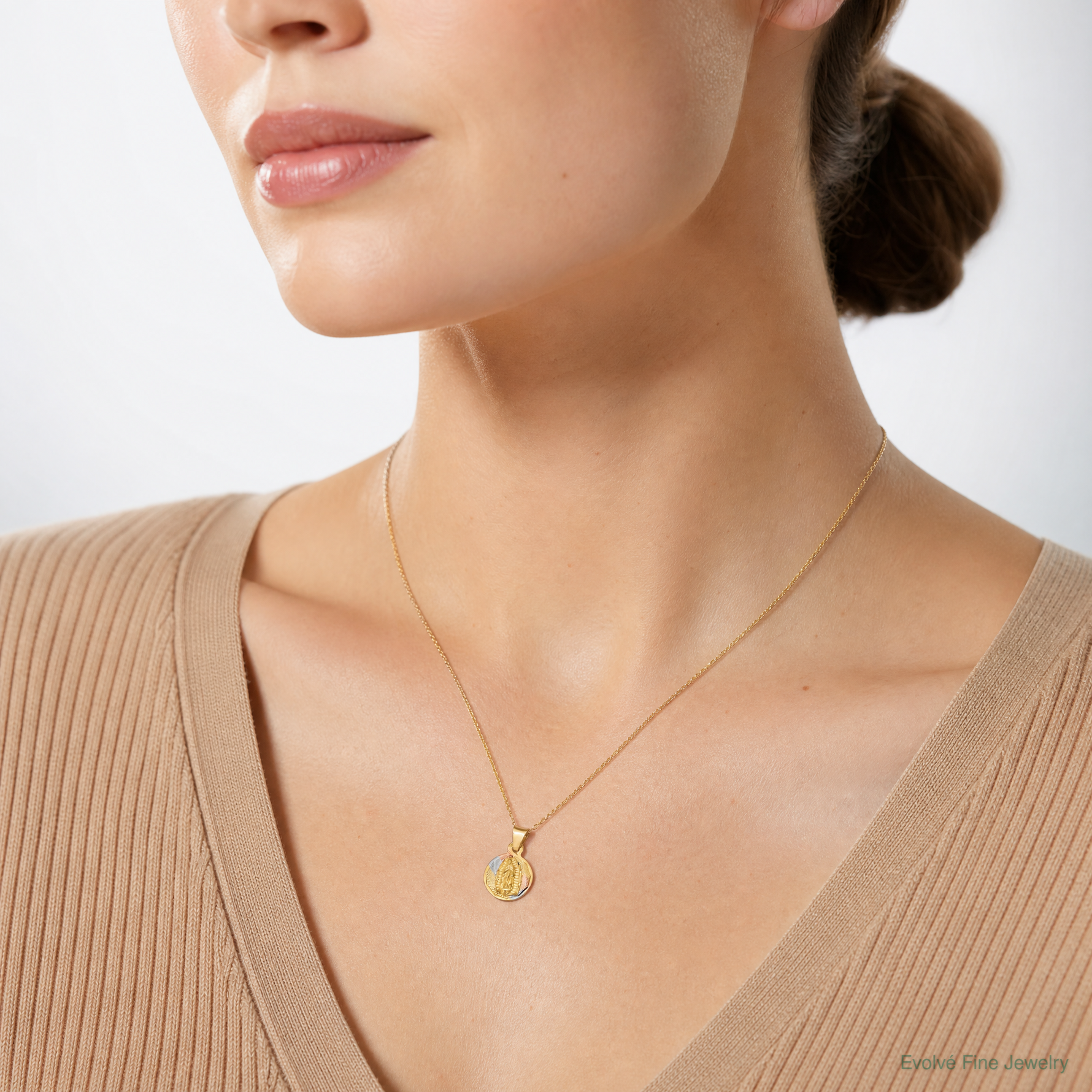 14K w/Rhodium Polished D/C Lady Of Guadalupe Circle Pendant - Model Shot