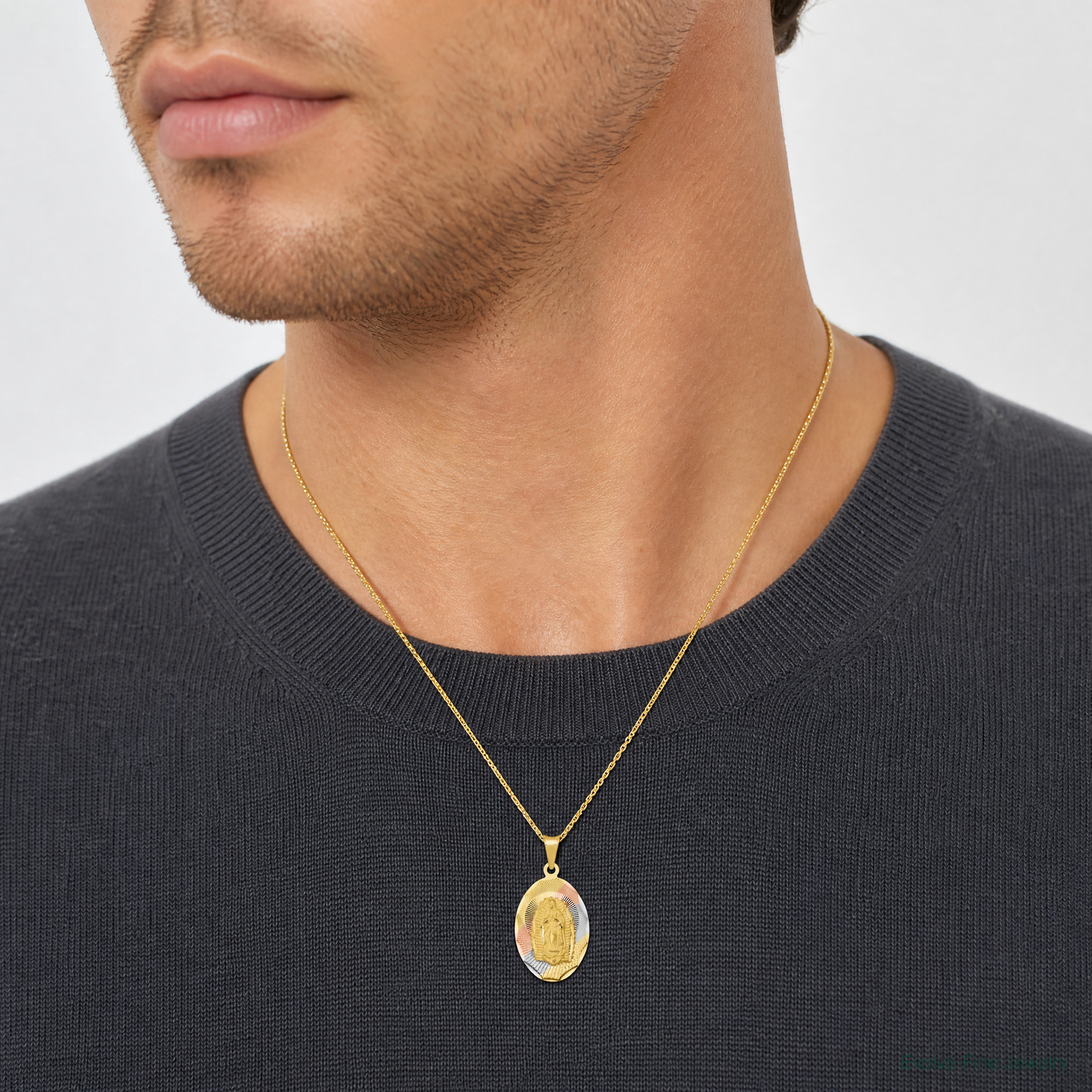14K w/Rhodium D/C Lady Of Guadalupe Oval Pendant - Model Shot