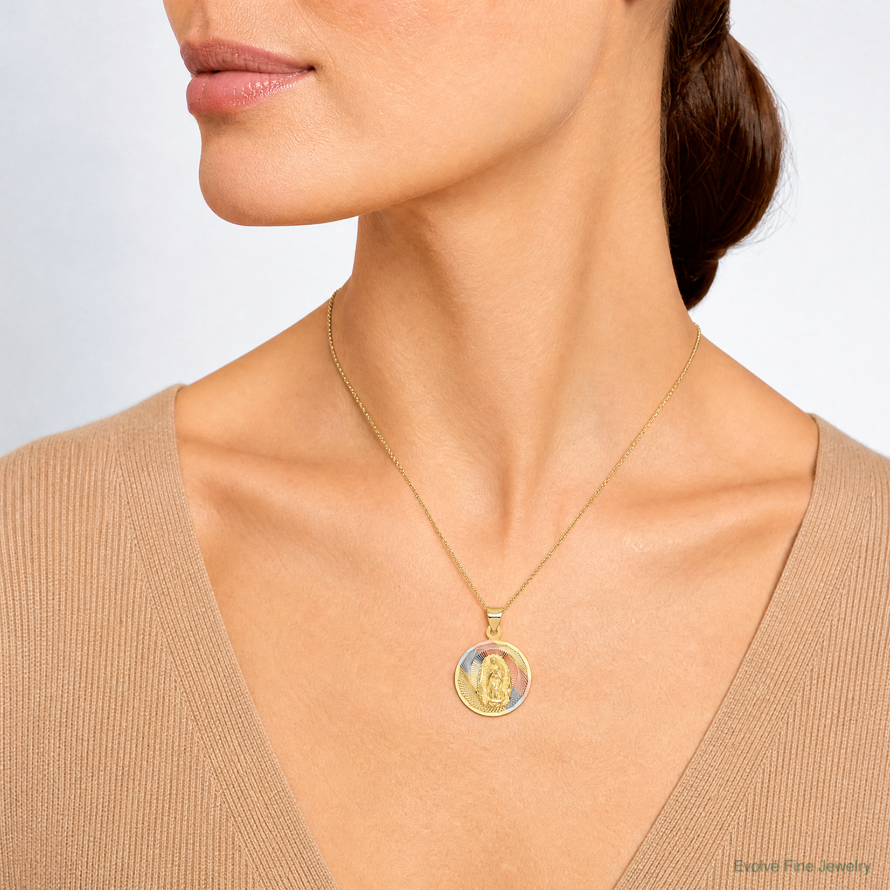 14K w/Rhodium Polished D/C Lady Of Guadalupe Circle Pendant - Model Shot