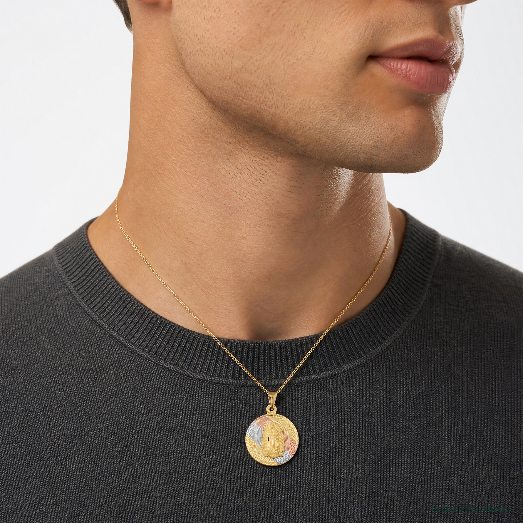 14K w/Rhodium Polished D/C Lady Of Guadalupe Circle Pendant - Model Shot