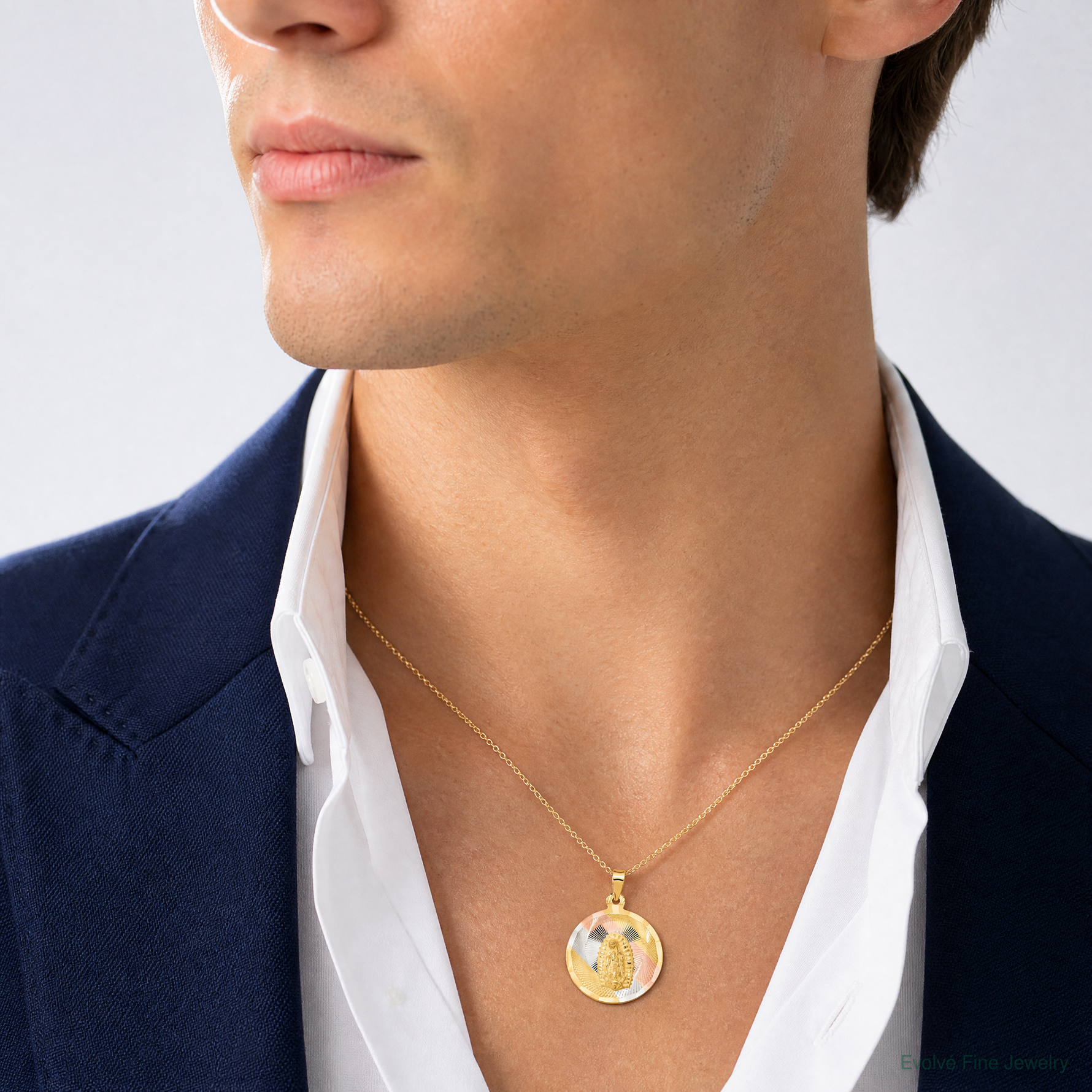 14K w/Rhodium Polished D/C Lady Of Guadalupe Circle Pendant - Model Shot