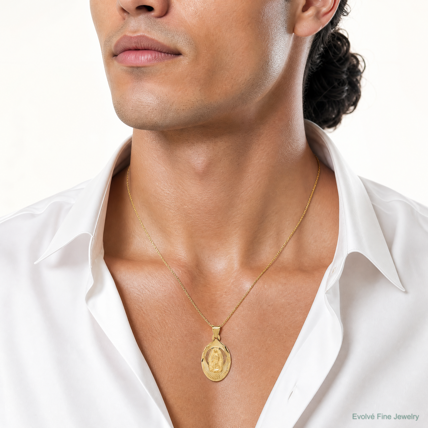 14k Our Lady of Guadalupe Pendant - Model Shot