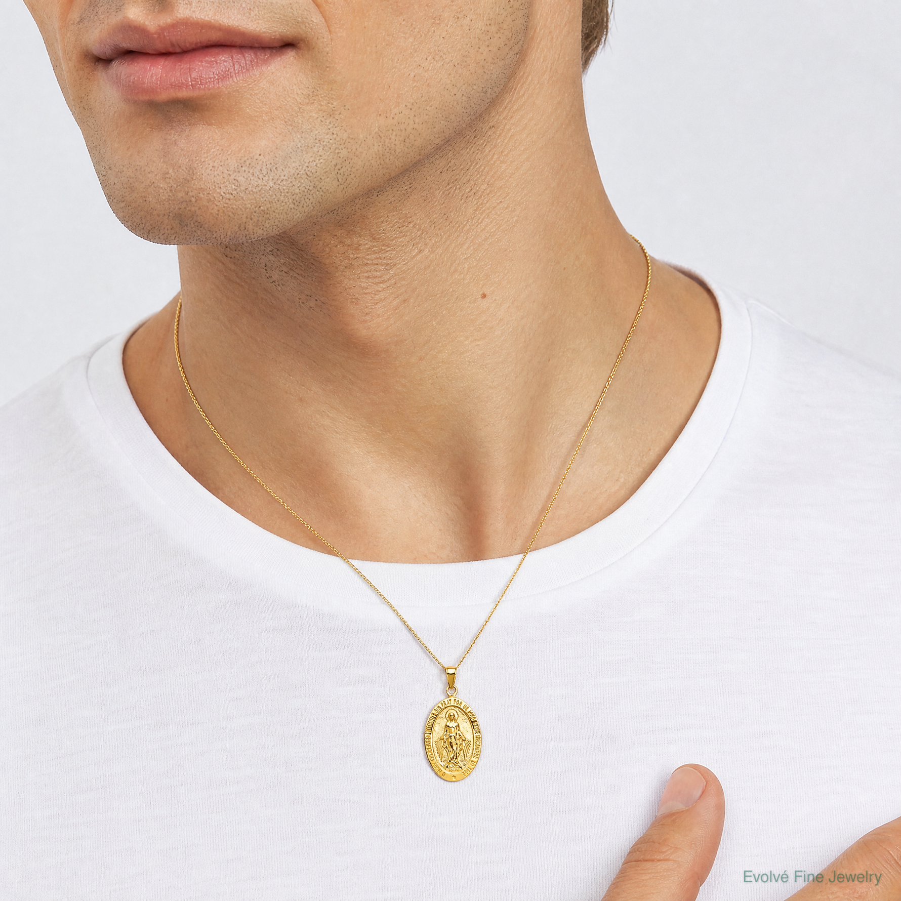 14K Gold Satin and Polished Finish Miraculous Medal Pendant - Model Shot