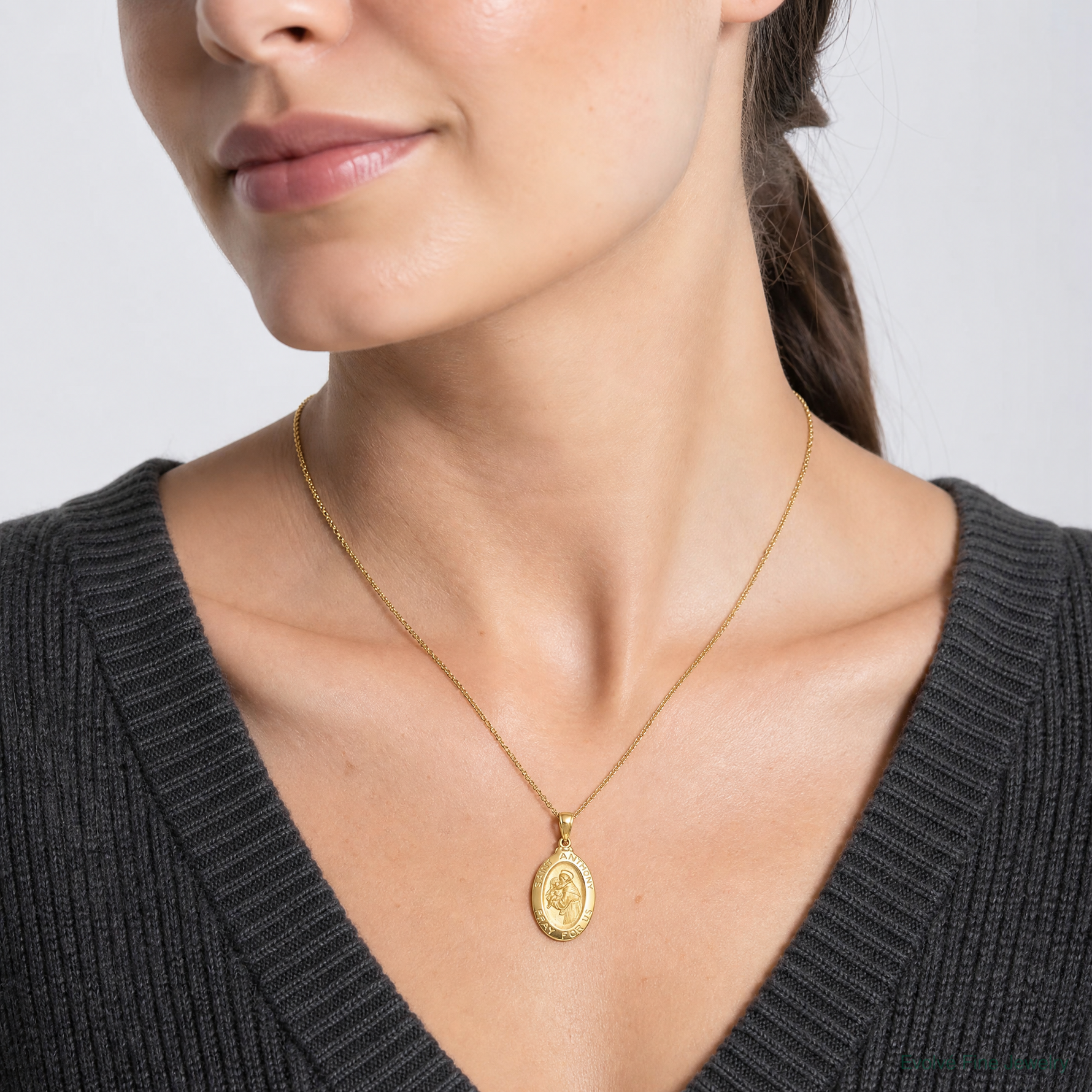 14k Saint Anthony Oval Medal Solid Pendant - Model Shot