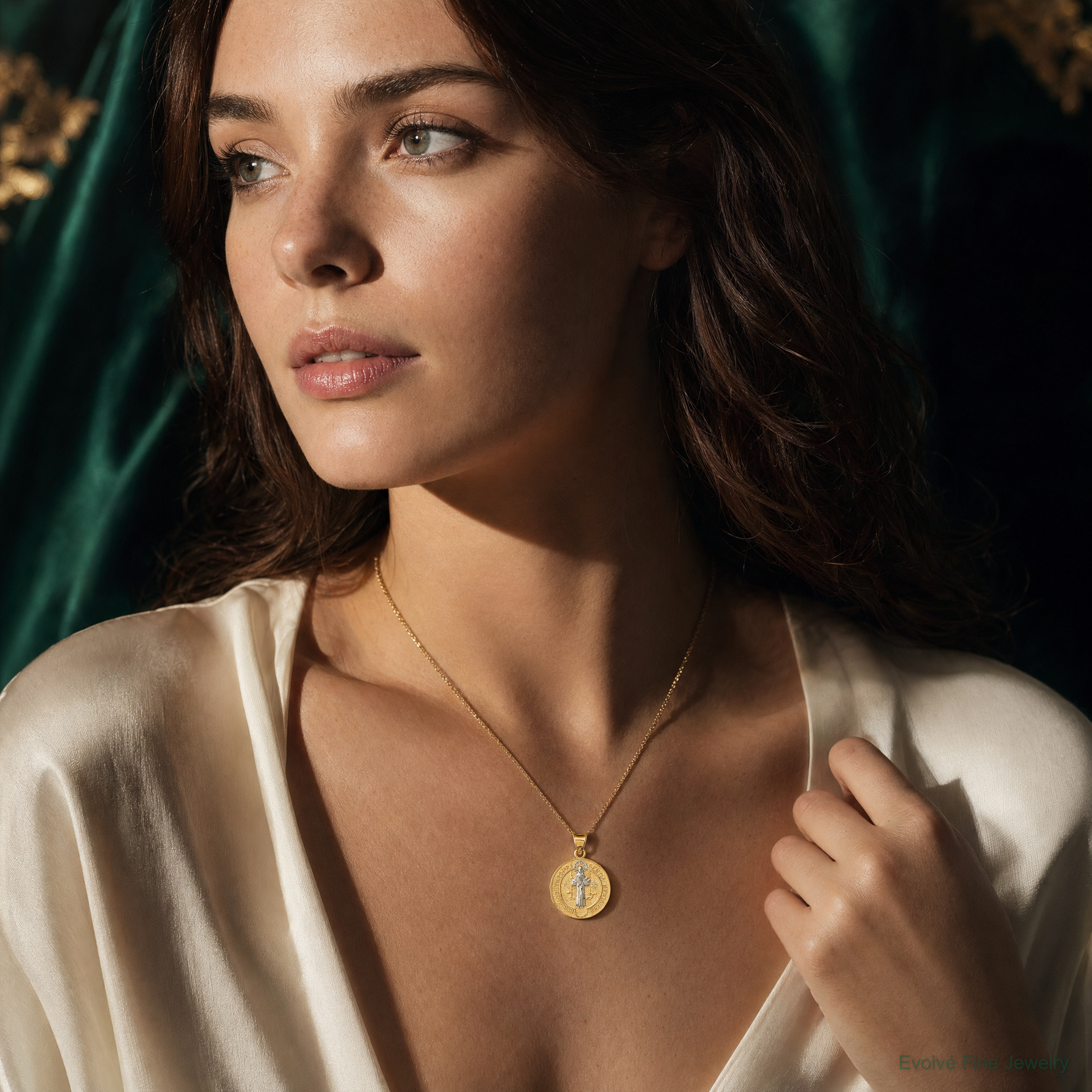 14k With Rhodium Circle St. Benedict Medal Pendant - Model Shot