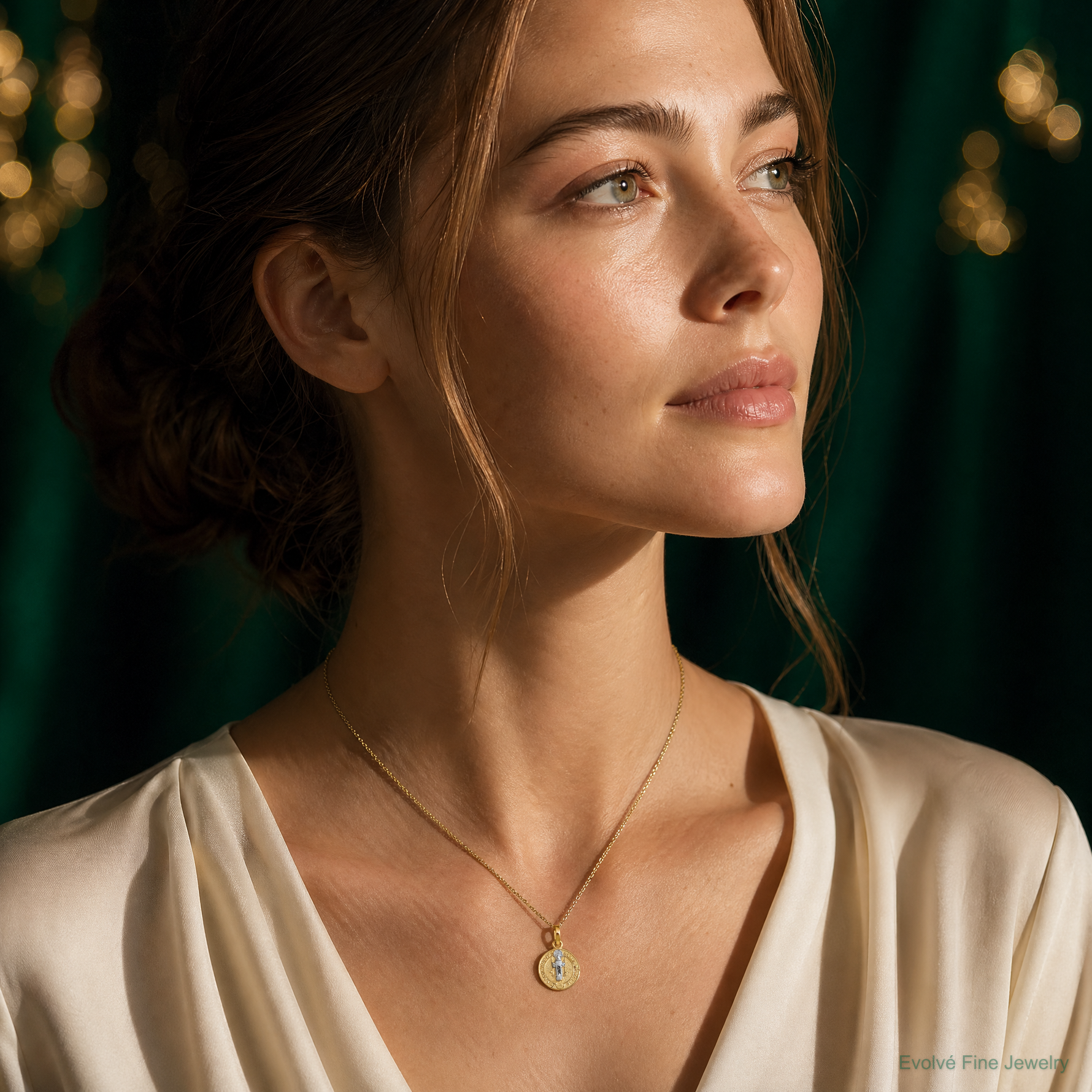 14k With Rhodium Circle St. Benedict Medal Pendant - Model Shot