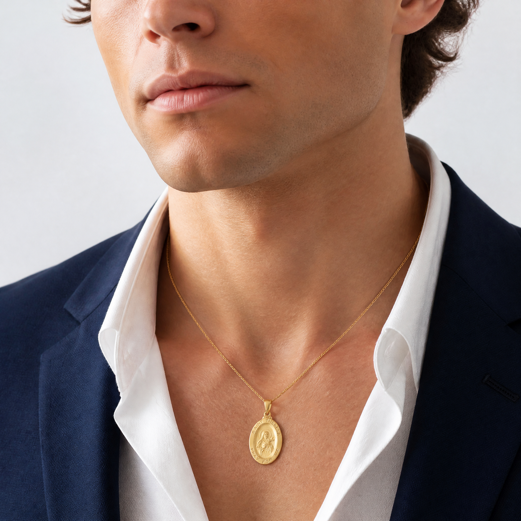 14k Saint Theresa Oval Medal Pendant - Model Shot