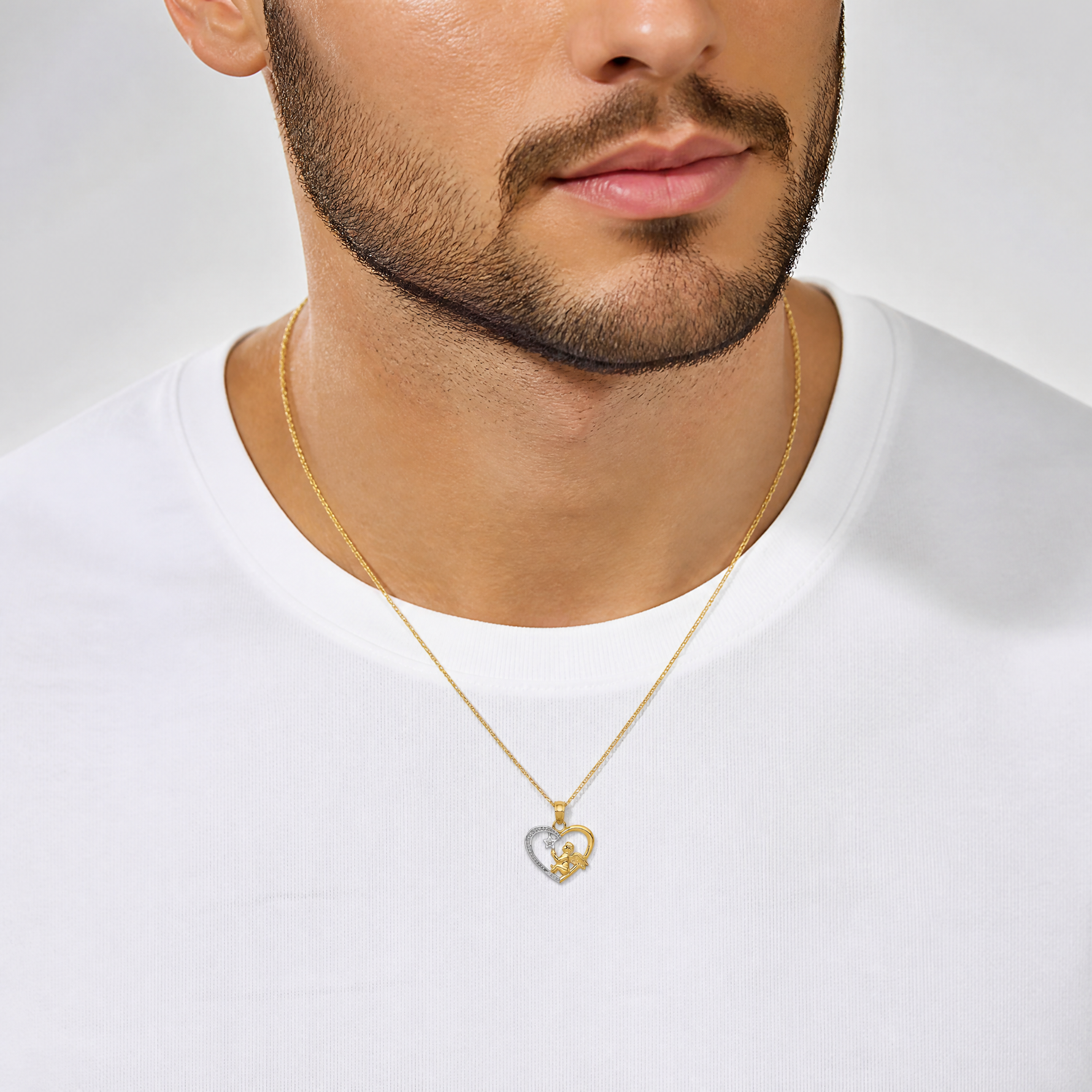 14K w/Rhodium Angel in Heart w/ Star Pendant - Model Shot