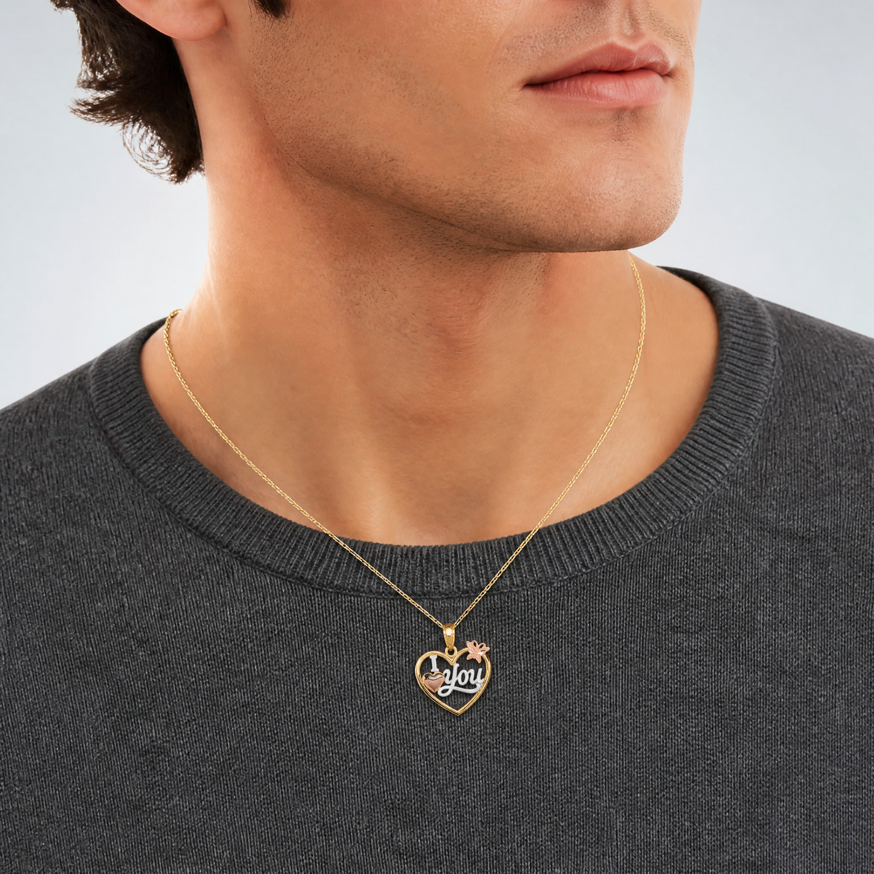 14k Two-tone w/White Rhod I LOVE YOU Heart w/Butterfly Pendant - Model Shot