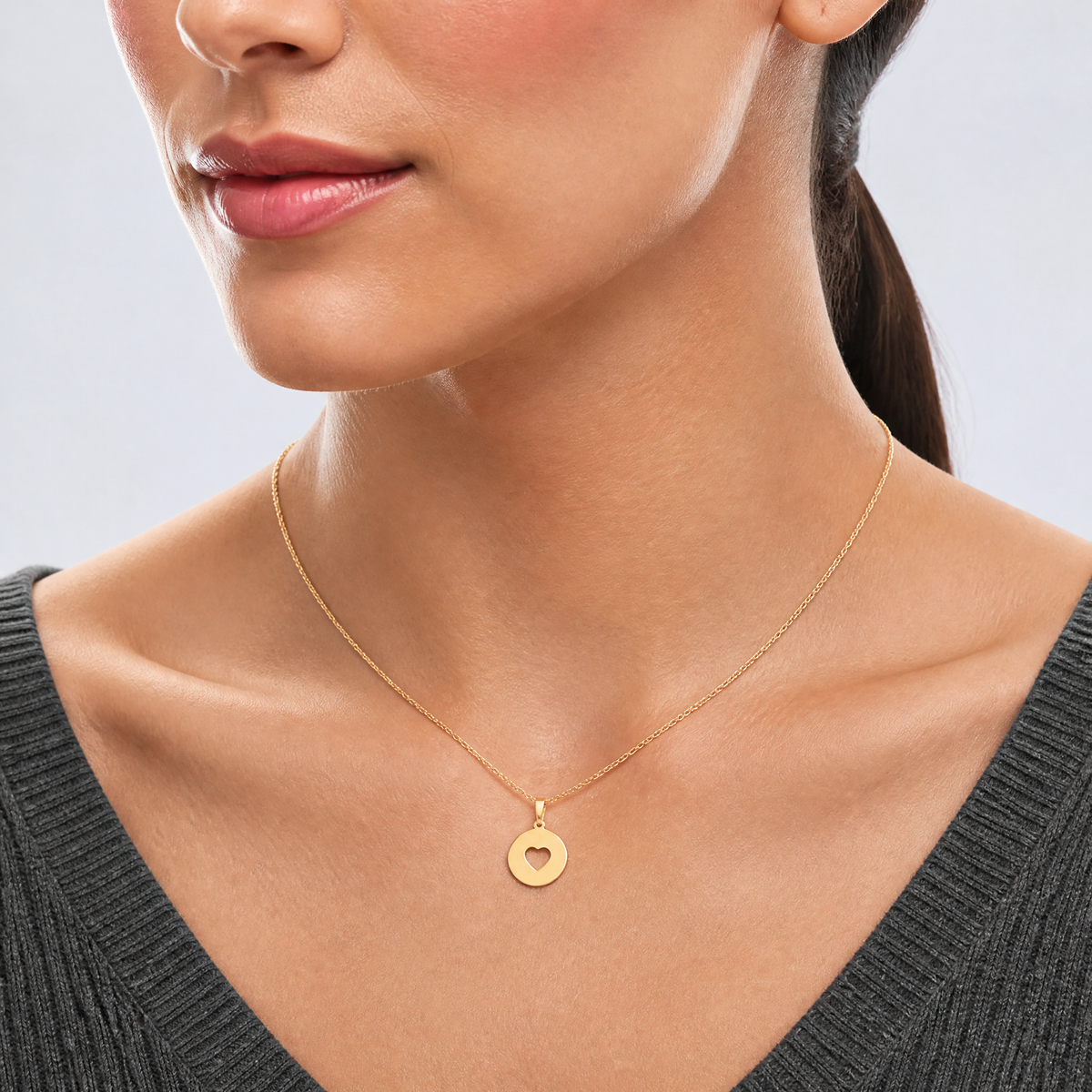 14K Polished Cut-out Heart Circle Disc Pendant - Model Shot