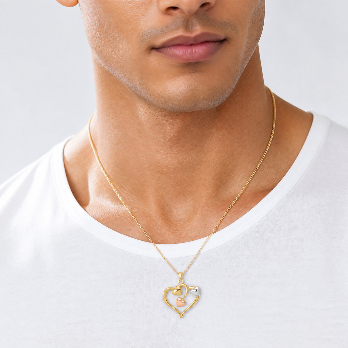 14K Two-tone and White Rhodium Polished Hearts Pendant - Model Shot