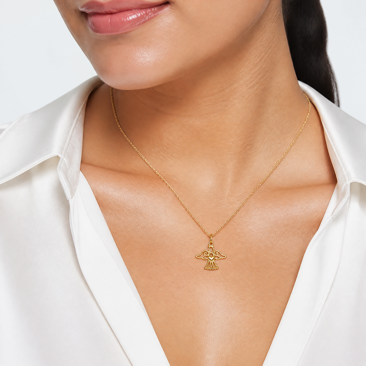 14k Polished Small Angel w/Heart Pendant - Model Shot