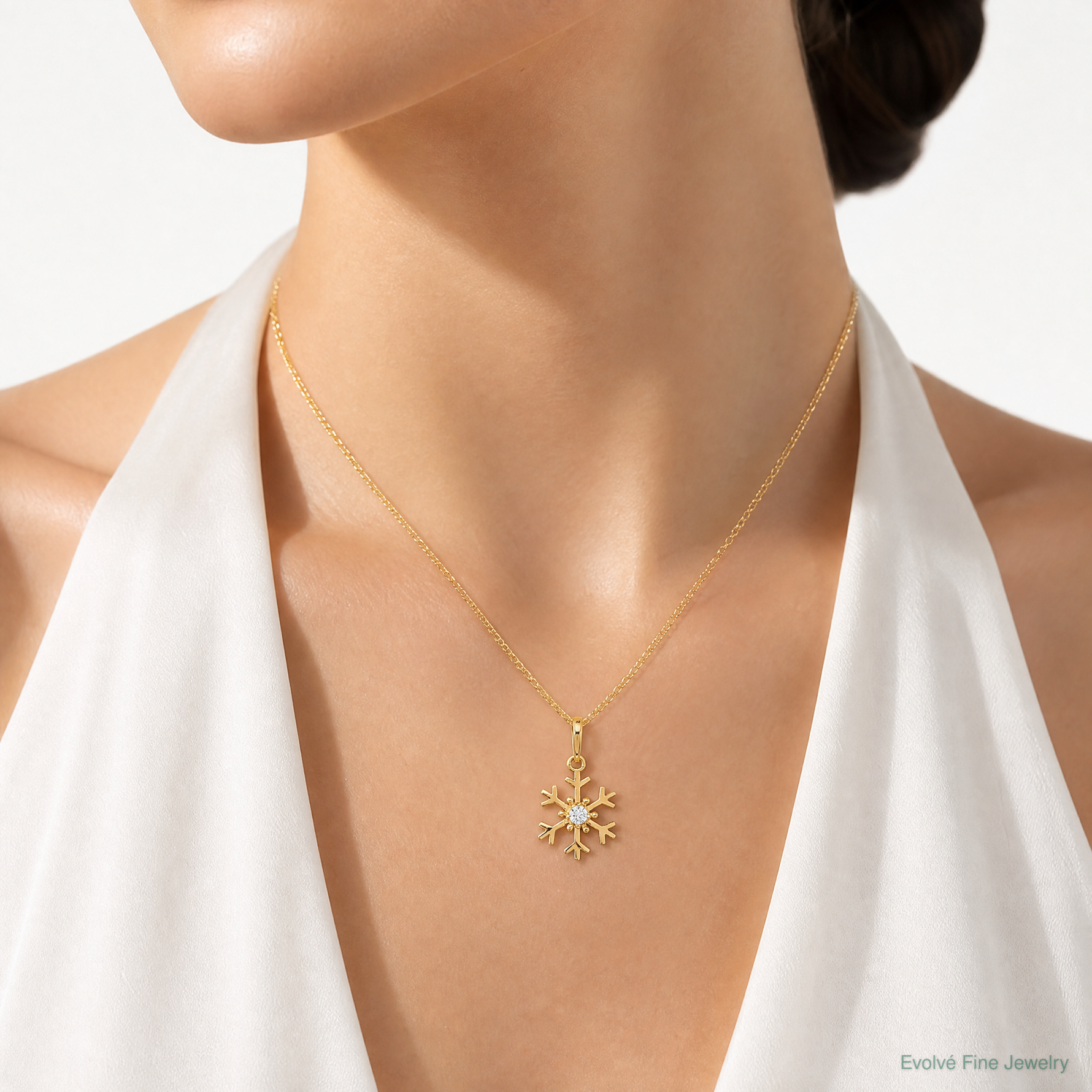 14k Polished CZ Snowflake Charm - Model Shot