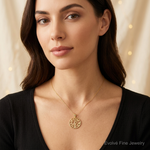 14k Gold Polished Tree in Circle Pendant - Model Shot