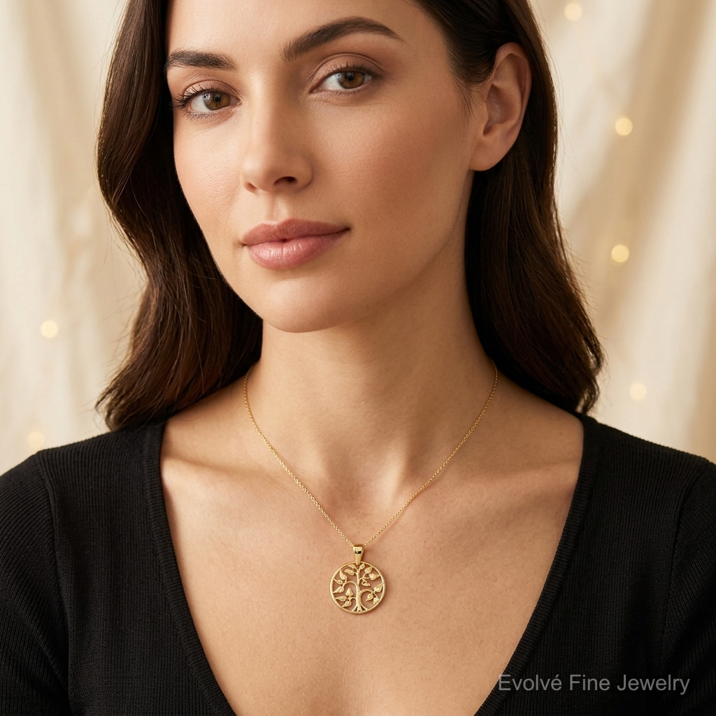 14k Gold Polished Tree in Circle Pendant - Model Shot