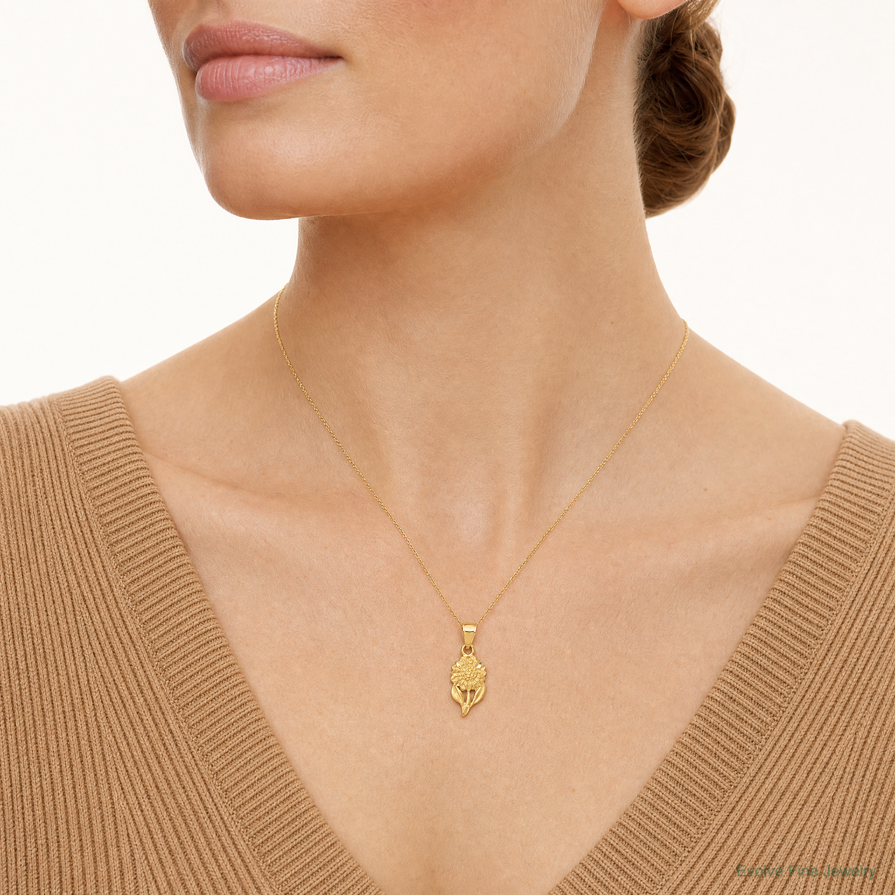14k Satin Diamond-cut Sunflower Pendant - Model Shot
