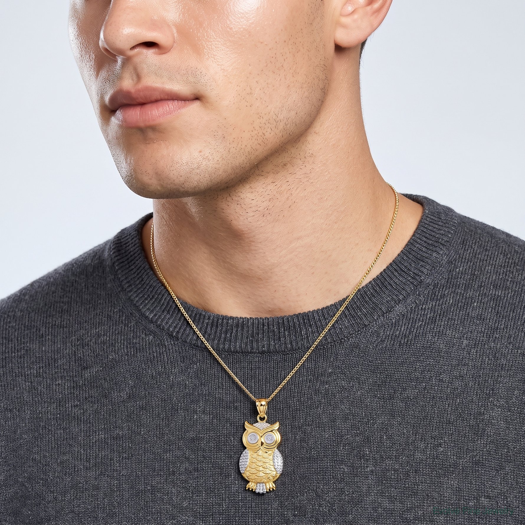 14K w/ Rhodium Polished / Textured Owl Pendant - Model Shot
