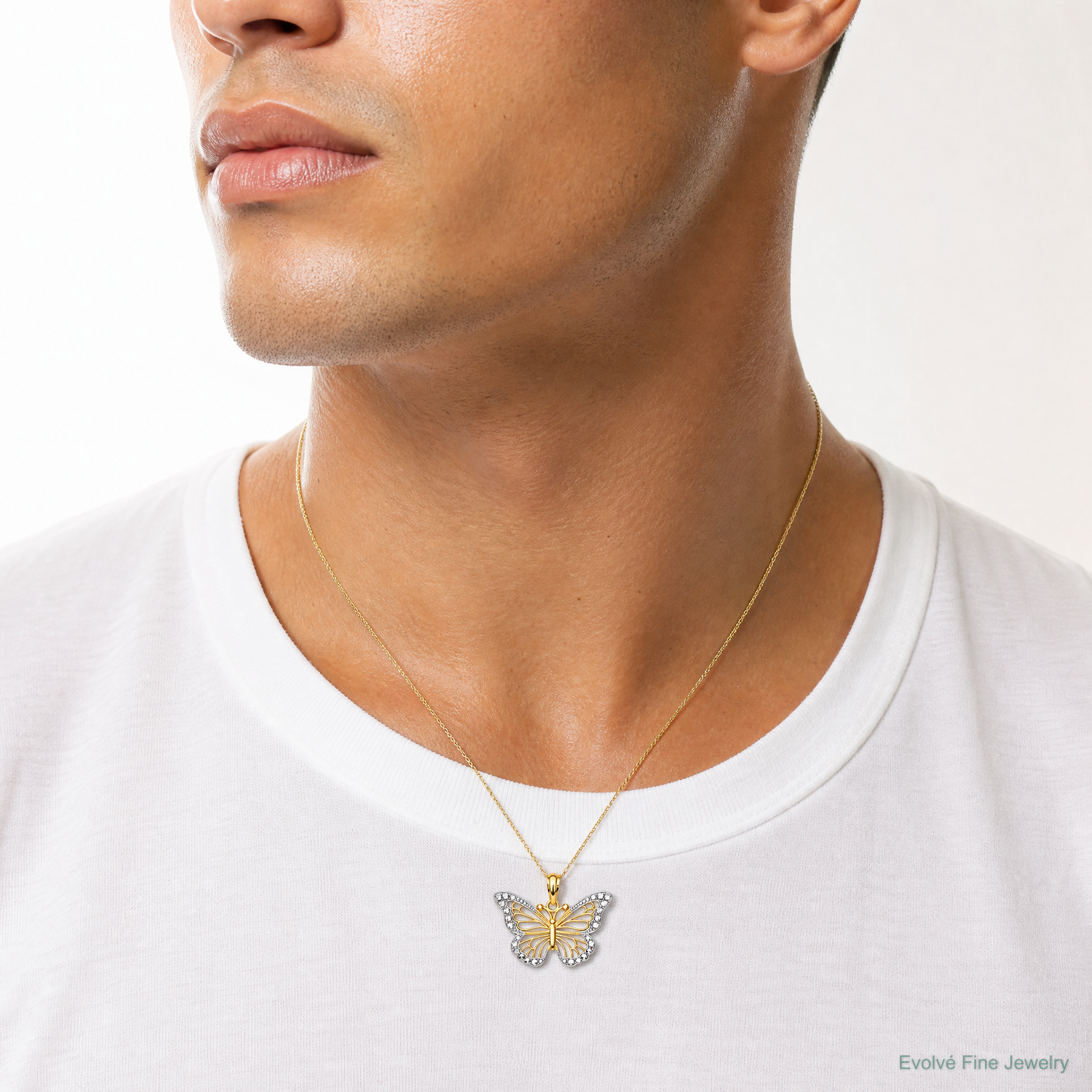 14k w/ Rhodium Diamond-cut Polished Open Butterfly Pendant - Model Shot