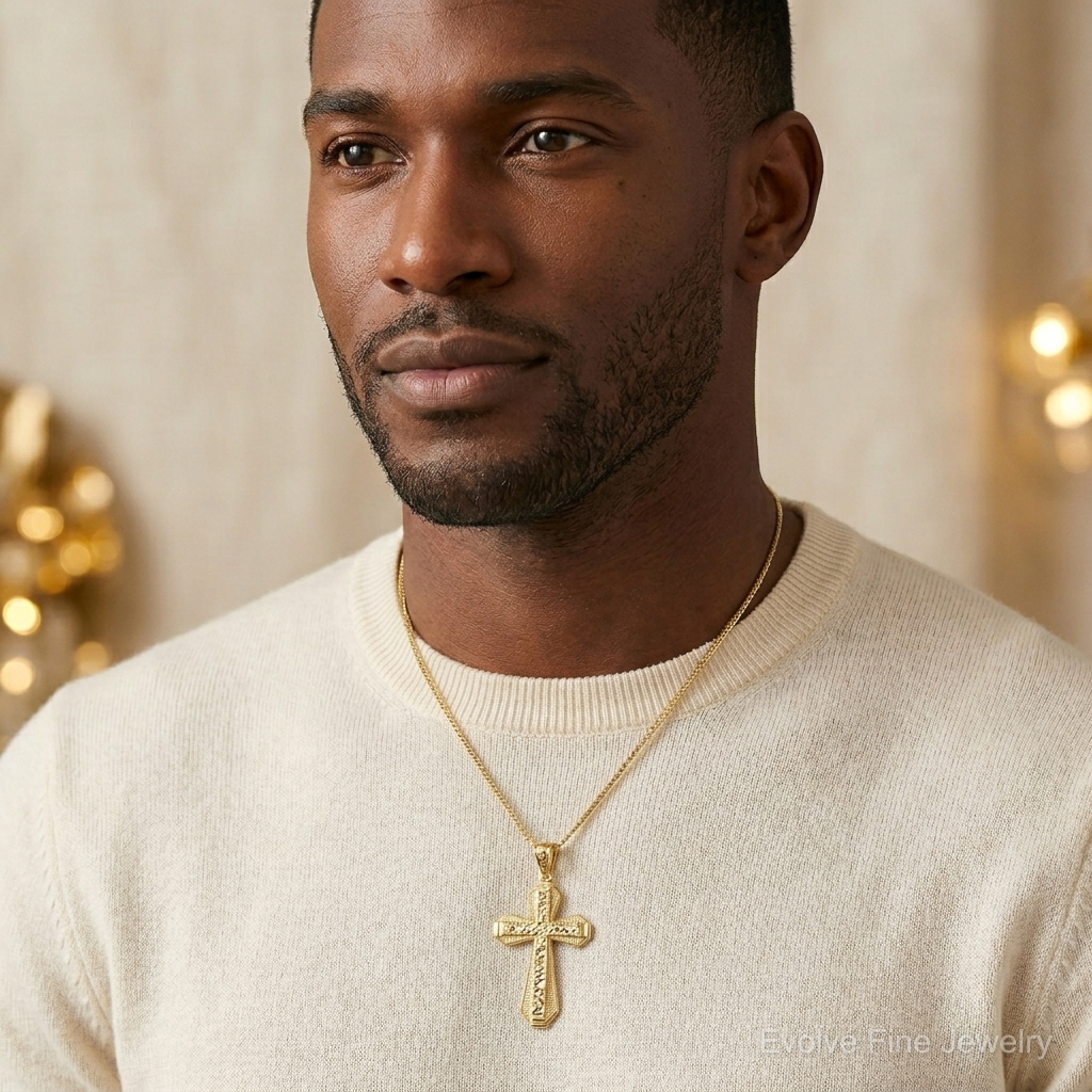 14k Diamond-cut Center Cross Pendant - Model Shot