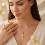 14k Polished and Textured Diamond-cut Latin Cross Pendant - Model Shot