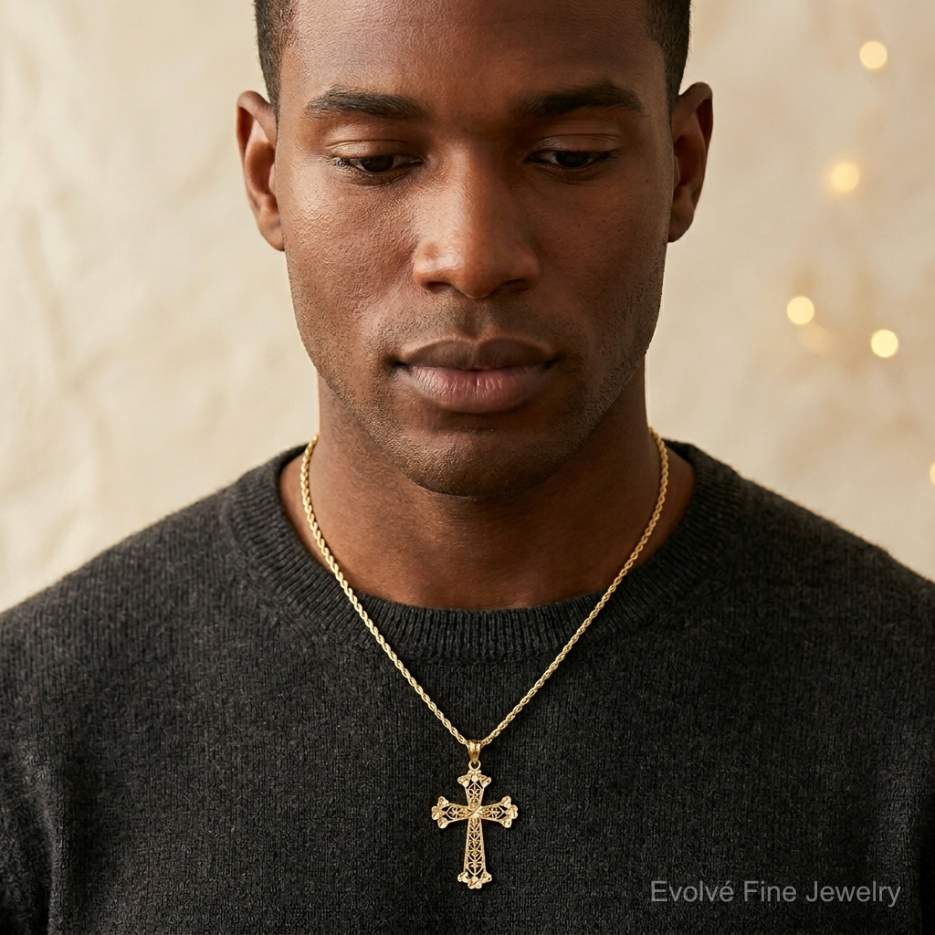 14k Diamond-cut Polished Filigree Hearts Cross Pendant - Model Shot