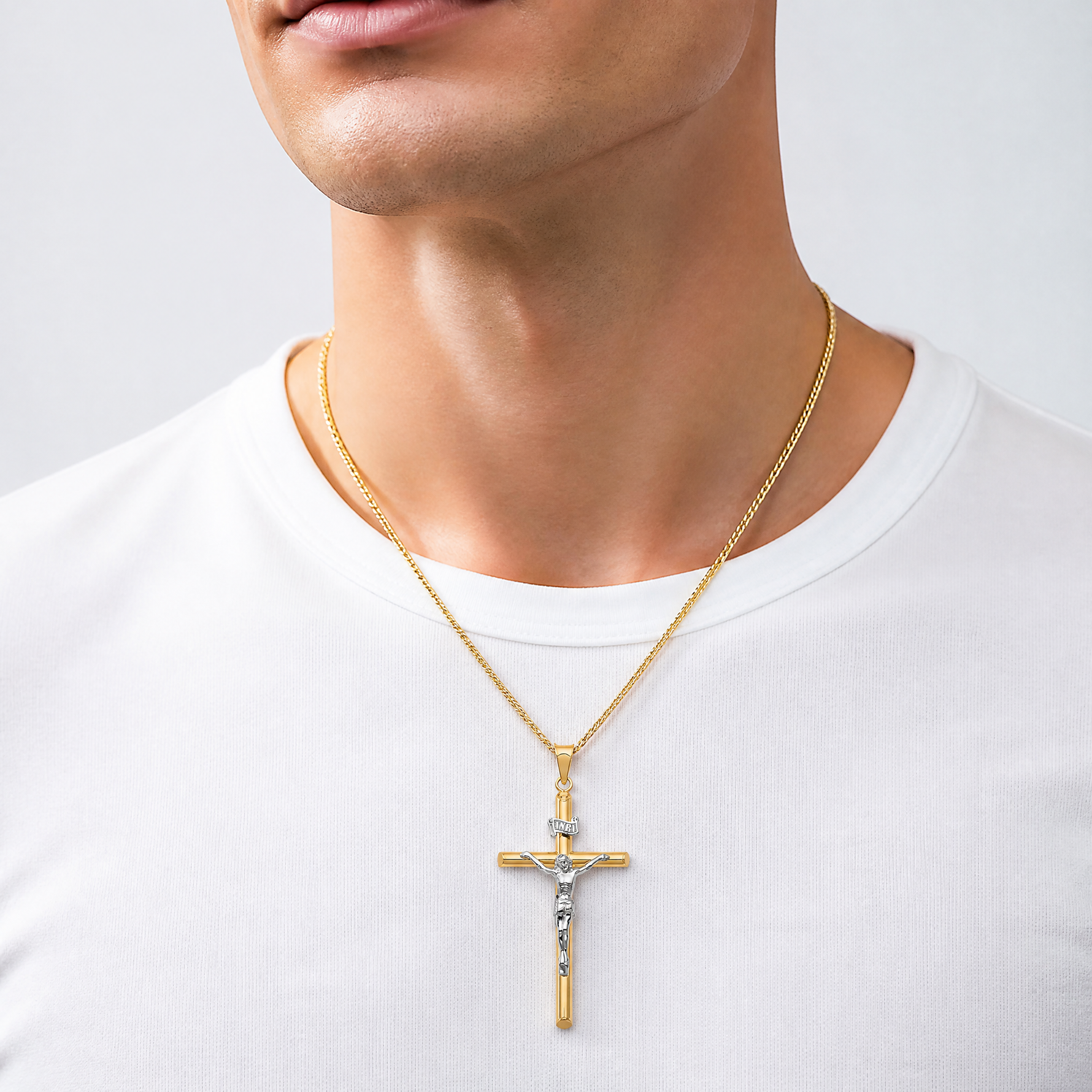 14k Two-Tone Polished Jesus Crucifix Pendant - Model Shot