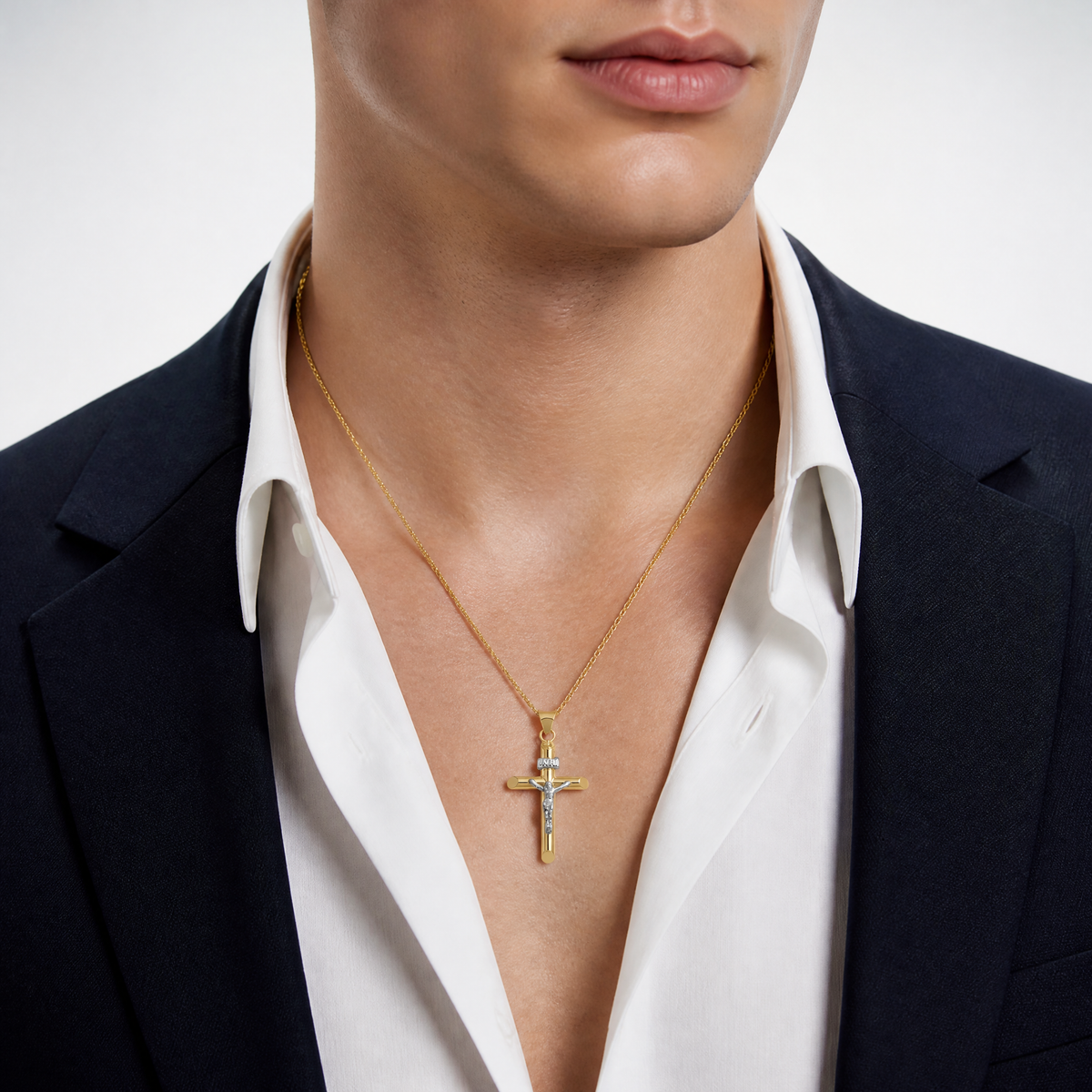 14k Two-Tone Polished Jesus Crucifix Pendant - Model Shot