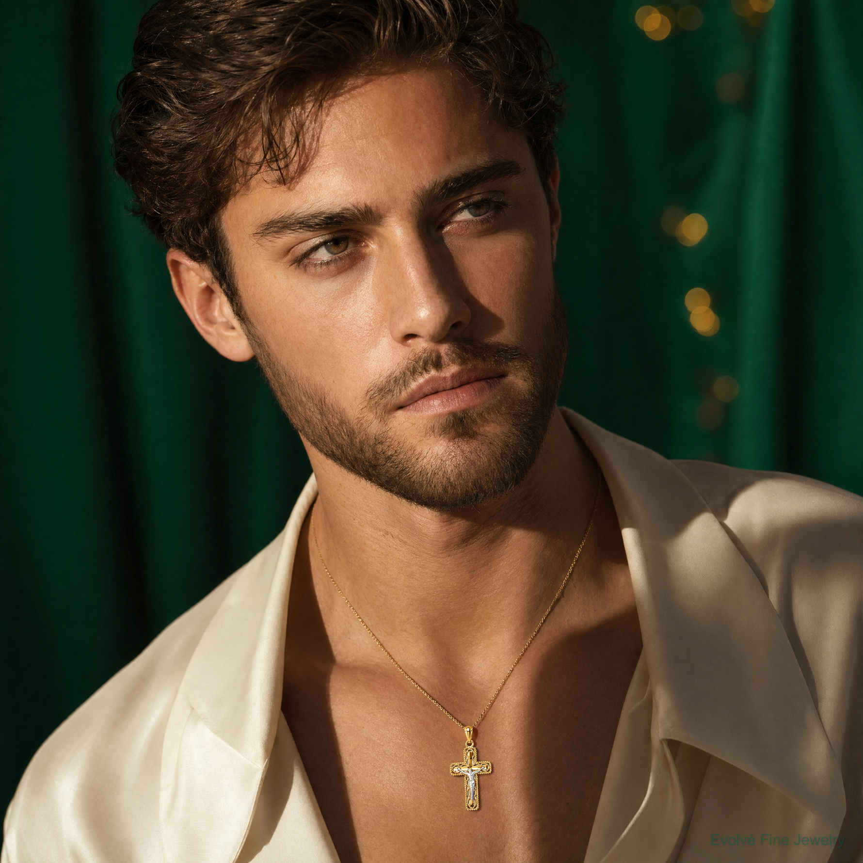 14k Two-tone Polished Crucifix Pendant - Model Shot