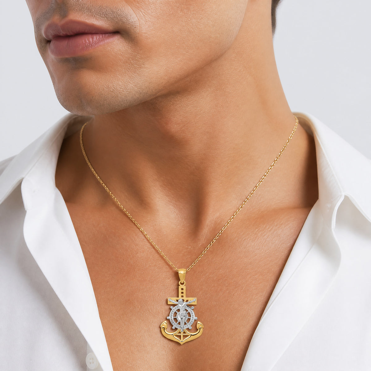 14k w/Rhodium Polished Mariners Crucifix Pendant - Model Shot