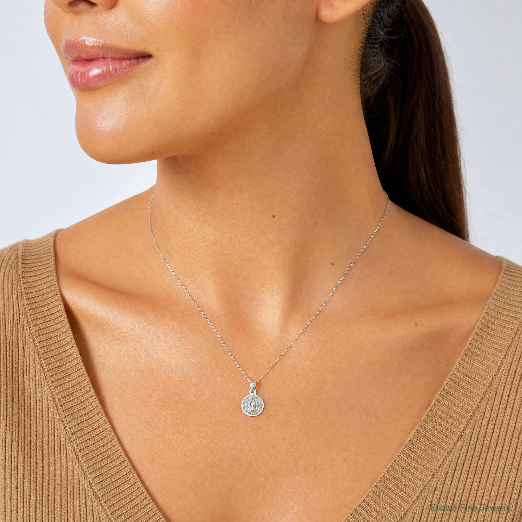 14k White Gold Our Lady of Guadalupe Semi-solid Round Pendant - Model Shot