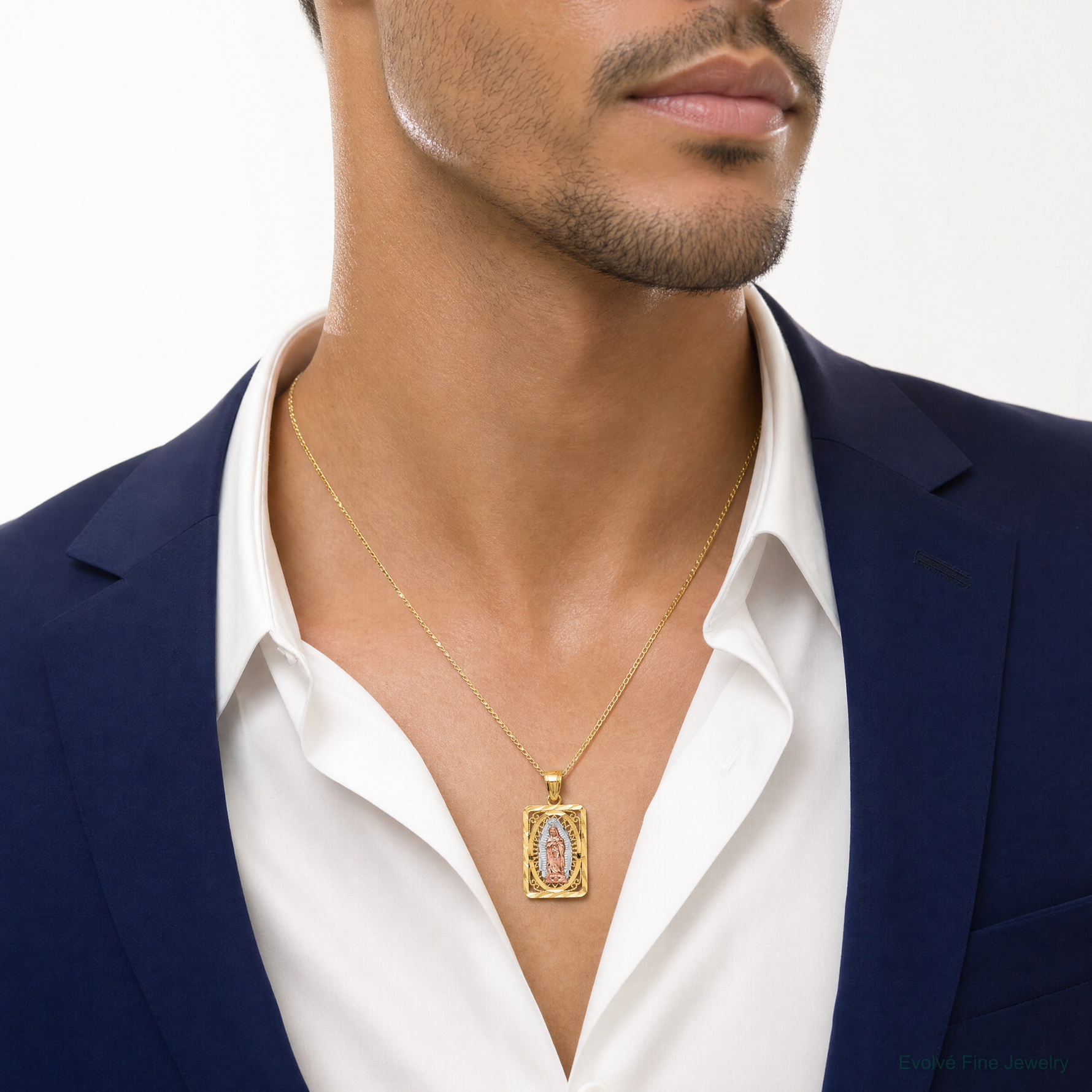 14k Two-tone w/White Rhodium D/C Lady of Guadalupe Pendant - Model Shot