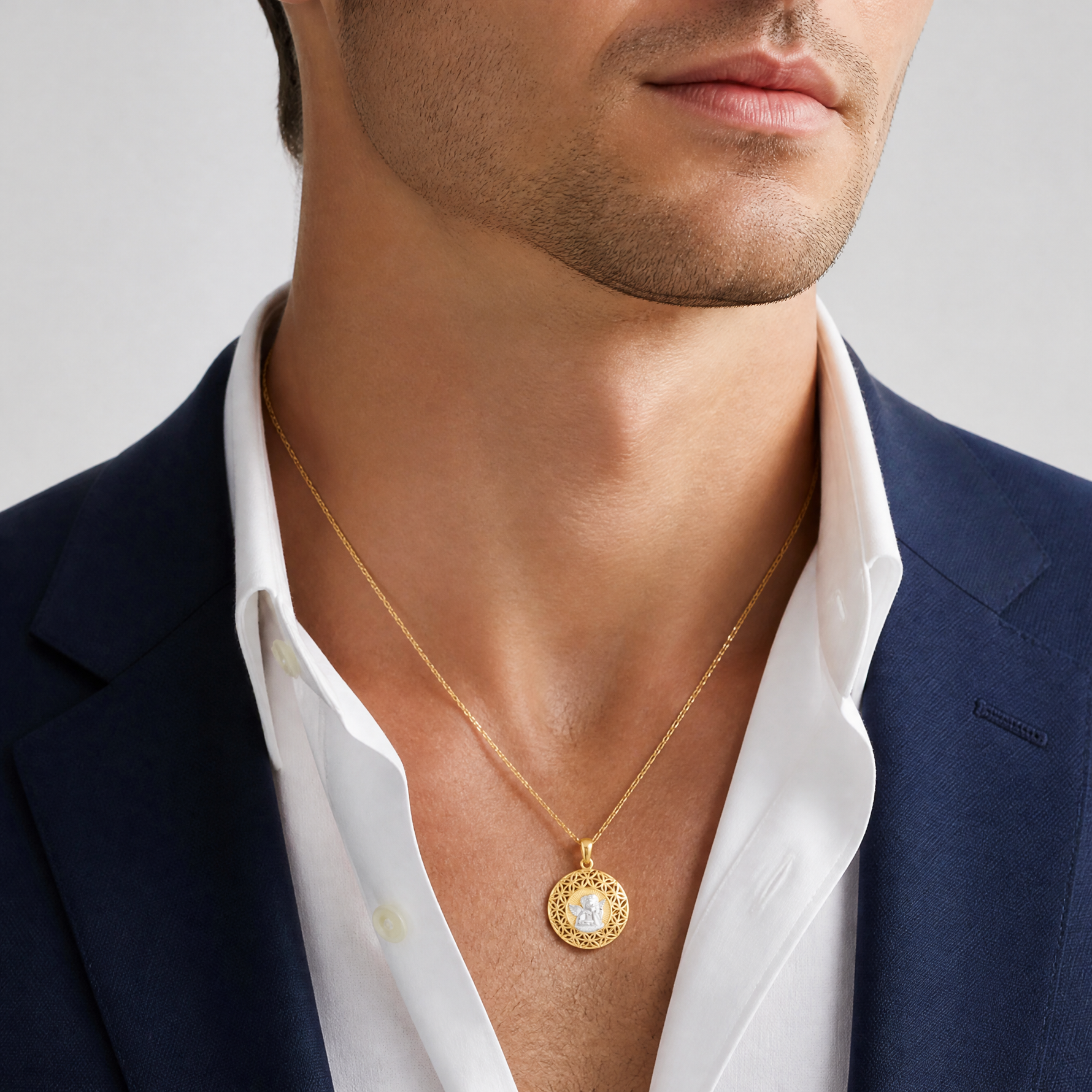 14k w/Rhodium Polished Filigree Guardian Angel Pendant - Model Shot