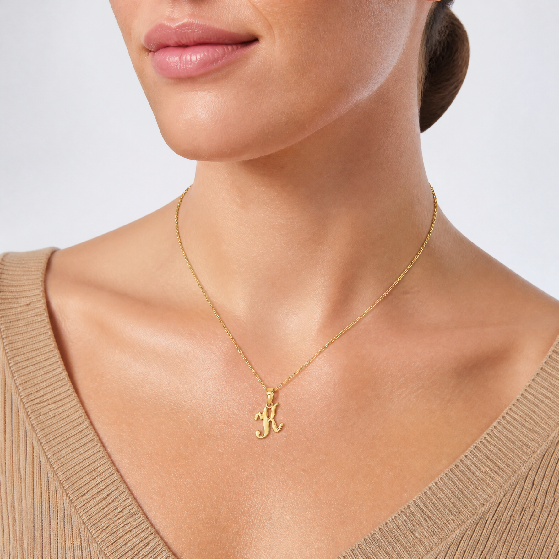 14KY Script Letter K Initial Pendant - Model Shot