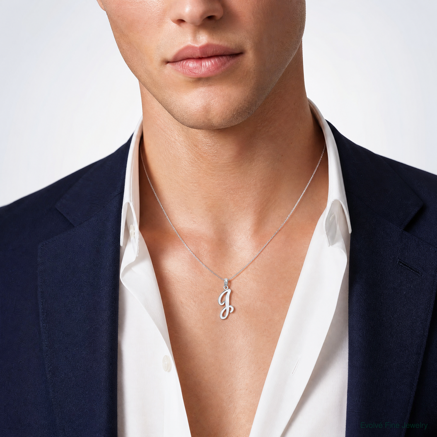 14KW White Gold Script Letter J Initial Pendant - Model Shot