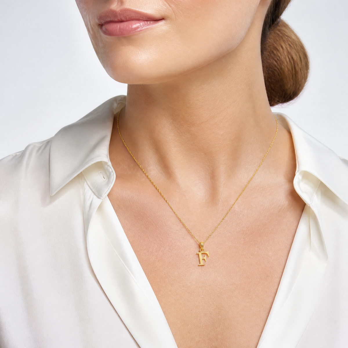 14K Polished Block Letter F Initial Pendant - Model Shot