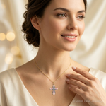 14K 3-D W/ Pink and White Enamel Cross Charm - Model Shot