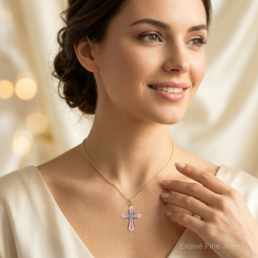 14K 3-D W/ Pink and White Enamel Cross Charm - Model Shot