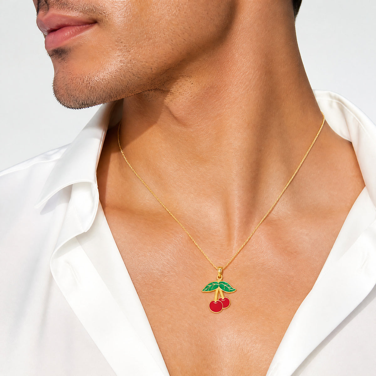 14K Cherries With Enamel Leaf Charm - Model Shot