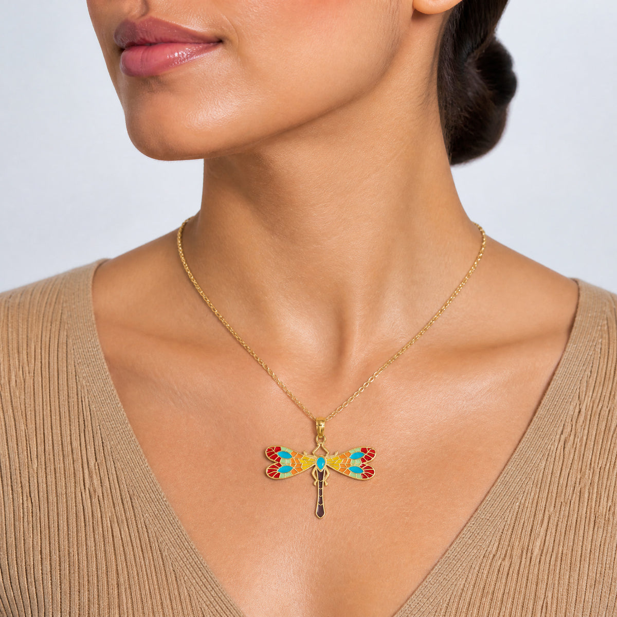 14K Multi Color Enamel Dragonfly Charm - Model Shot