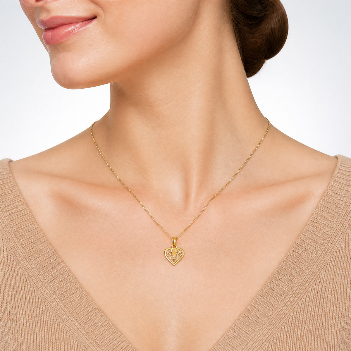 14K Polished Filigree Heart Pendant - Model Shot