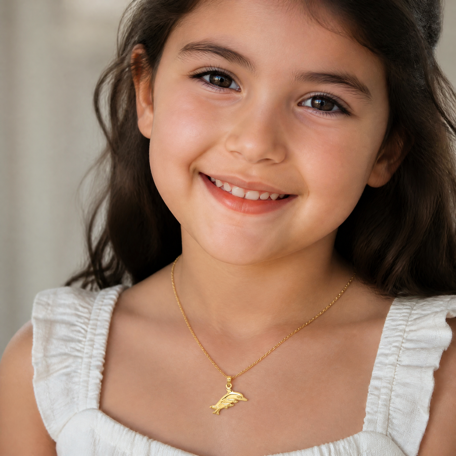 14K Dolphin w/ 2 Baby Dolphins Charm - Model Shot