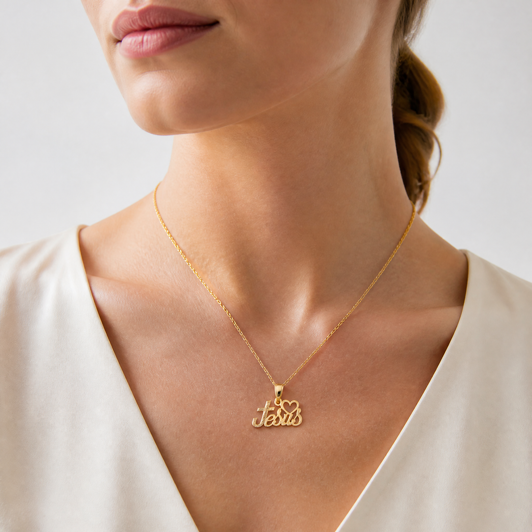 14K LOVE JESUS Script Charm - Model Shot