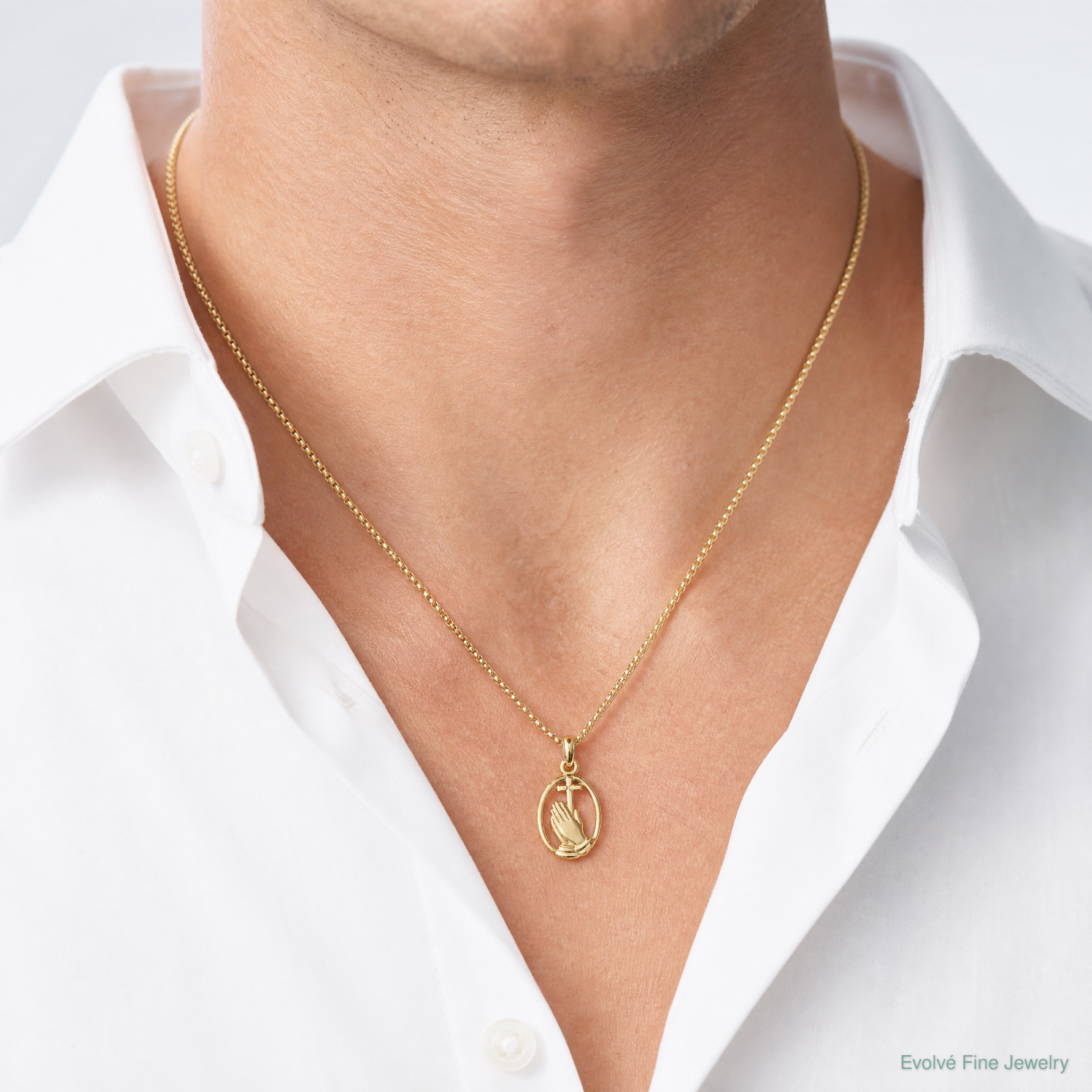 14K Praying Hands and Cross In Oval Charm - Model Shot