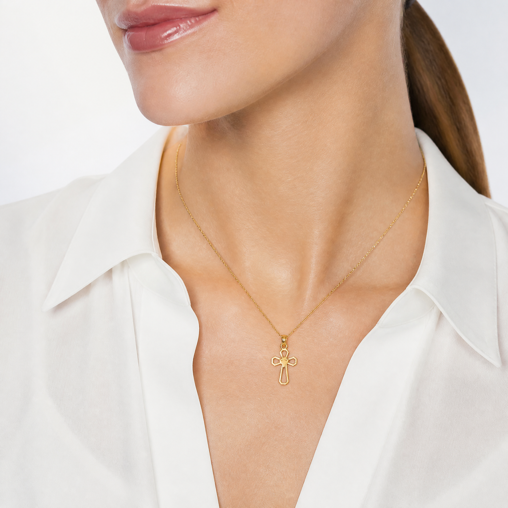 14K Cut-Out Cross w/ Dove Charm - Model Shot