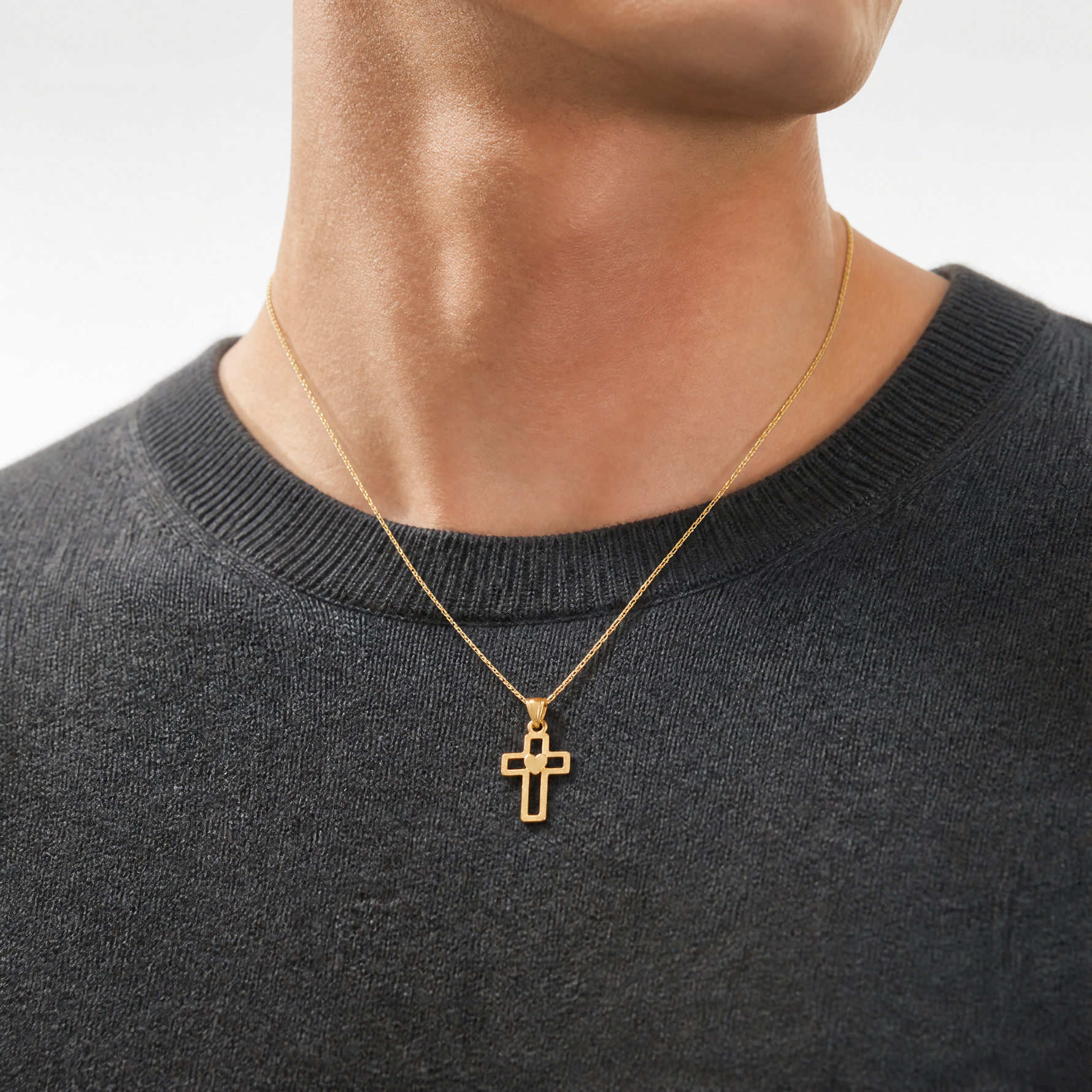 14K Cut-Out Cross w/ Heart Charm - Model Shot