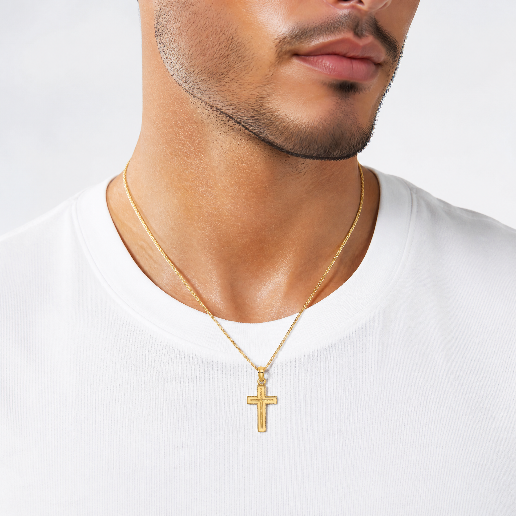 14K 2-D Polished Textured Cross Charm - Model Shot