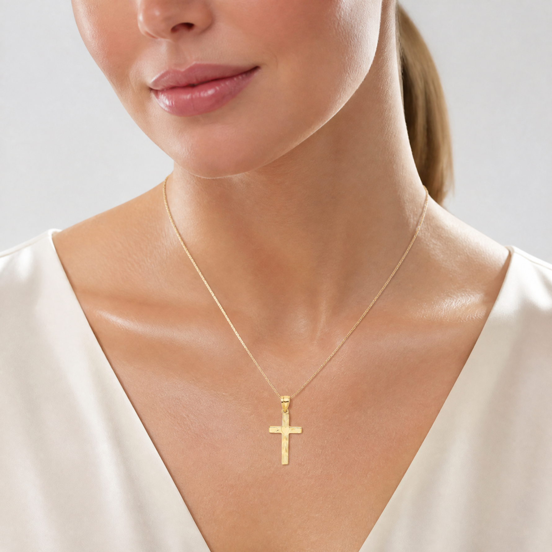 14K Polished and Engraved Cross W/ Heart Center Charm - Model Shot