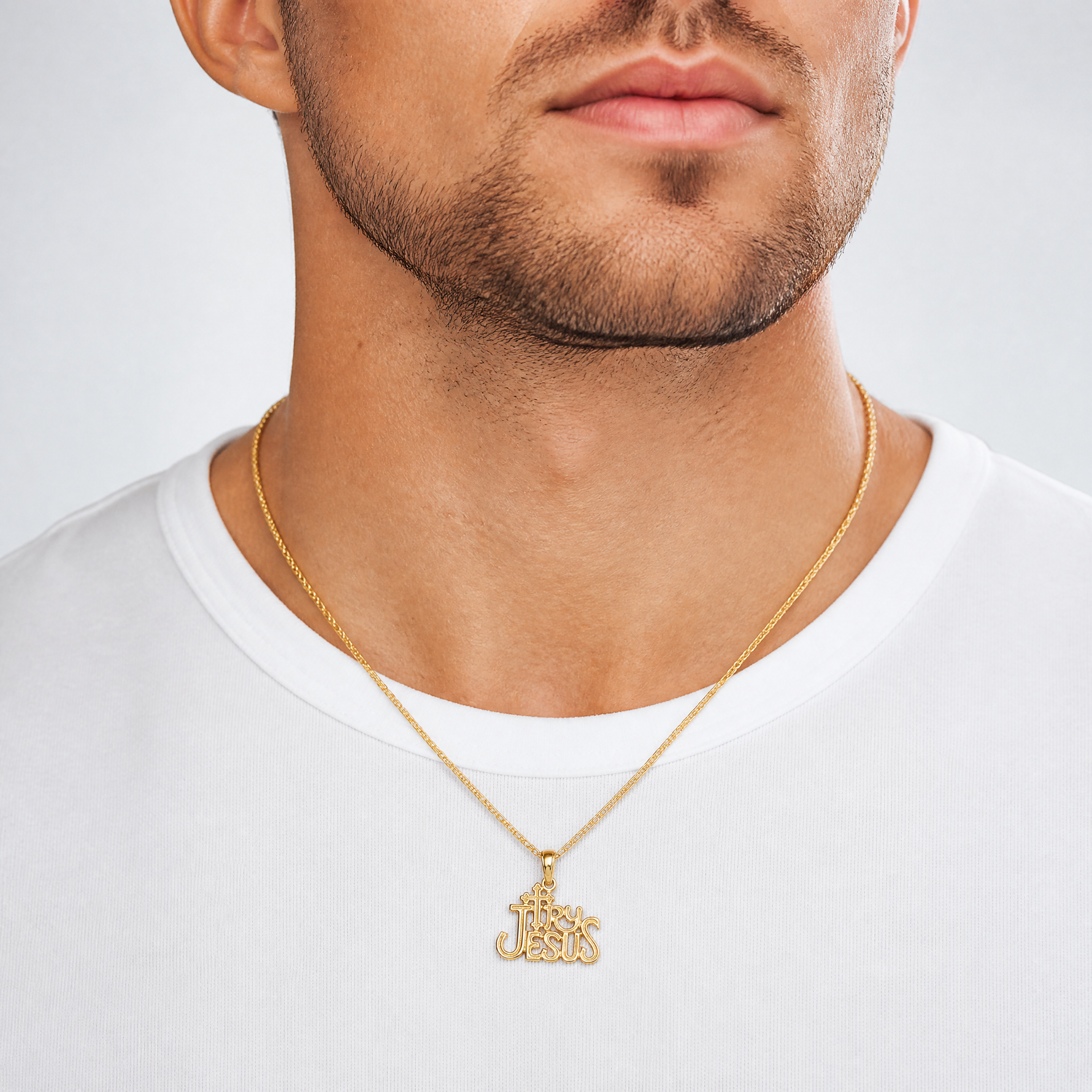 14K Polished and Engraved TRY JESUS Charm - Model Shot